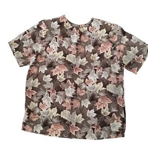 Quo-Silk Womens 100% Silk Maple Leaf Print Short Sleeve Blouse Brown Vintage S